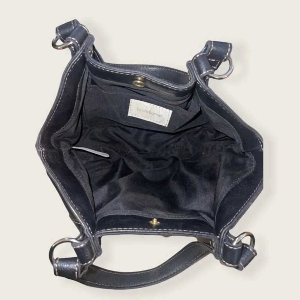 10” Small Liz Claiborne Black Faux Leather Satchel Bag w‎ Contrast Stitching